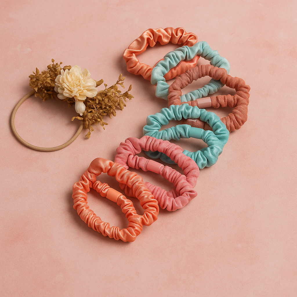 Set of colorful scrunchies on a pink background