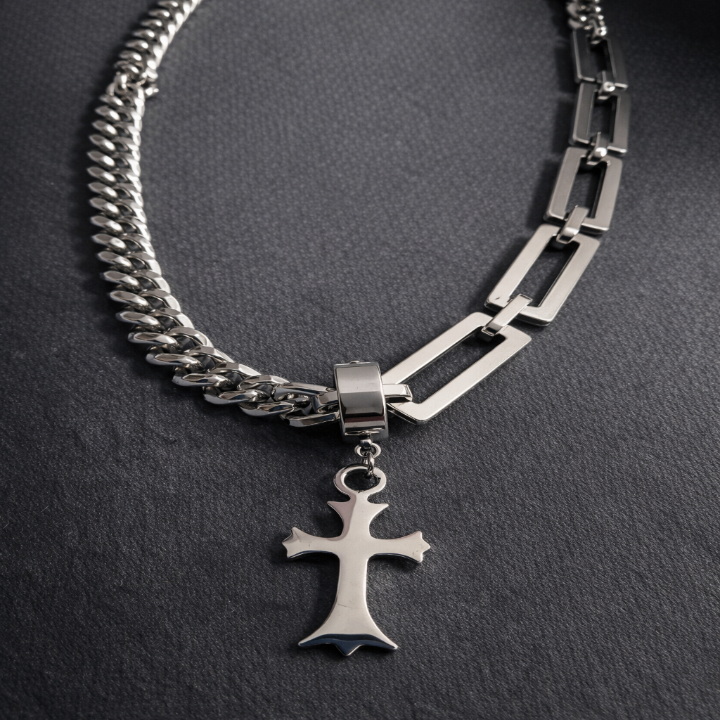 Silver chain necklace with a cross pendant on a dark background