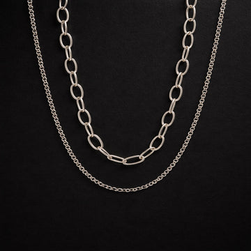 Silver chain necklace on a black background