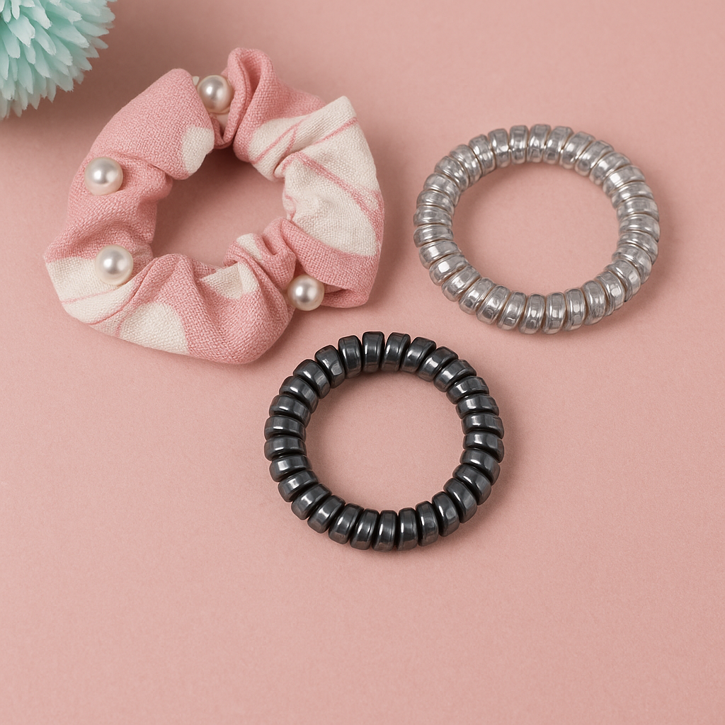 Three hair accessories including a pink scrunchie with pearls, a black beaded hair tie, and a silver coil hair tie on a pink background.