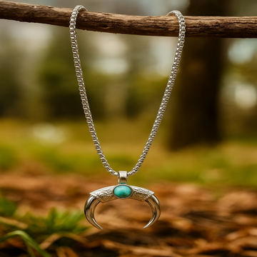 Silver necklace with a crescent moon pendant featuring a turquoise stone, hanging on a branch with a natural background.