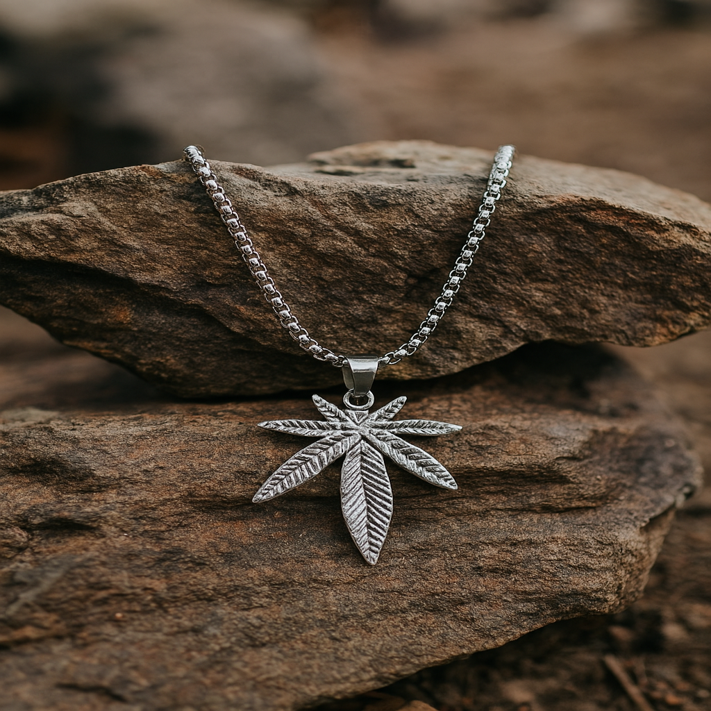 Silver leaf pendant necklace on a rock with a natural background