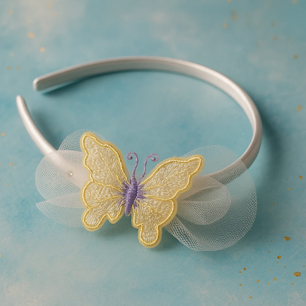White headband with a decorative butterfly on a blue background