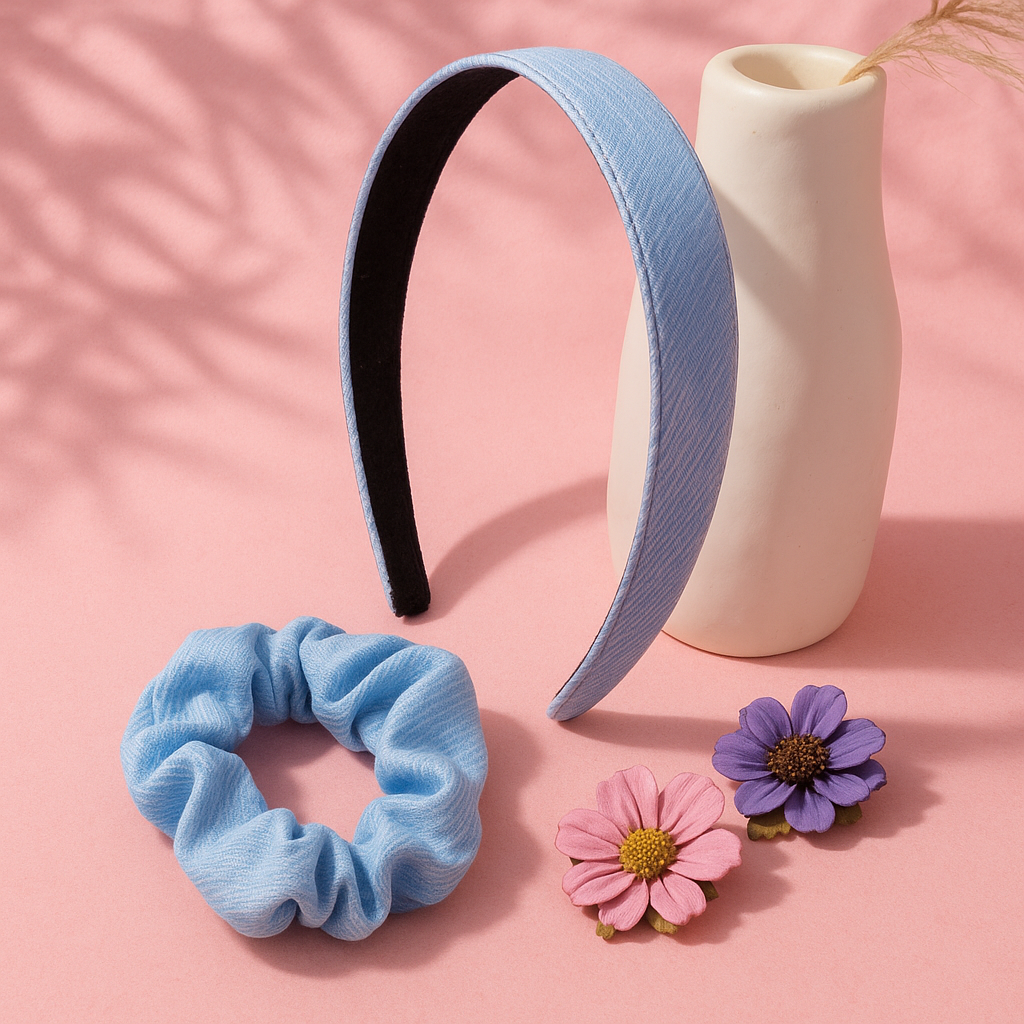 Blue headband and scrunchie with flowers on a pink background