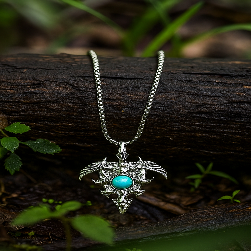 Silver necklace with a turquoise pendant on a wooden log